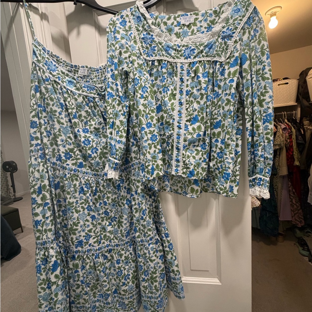 Pink City Prints Blue & Green Floral Two-Piece Skirt and Blouse Set